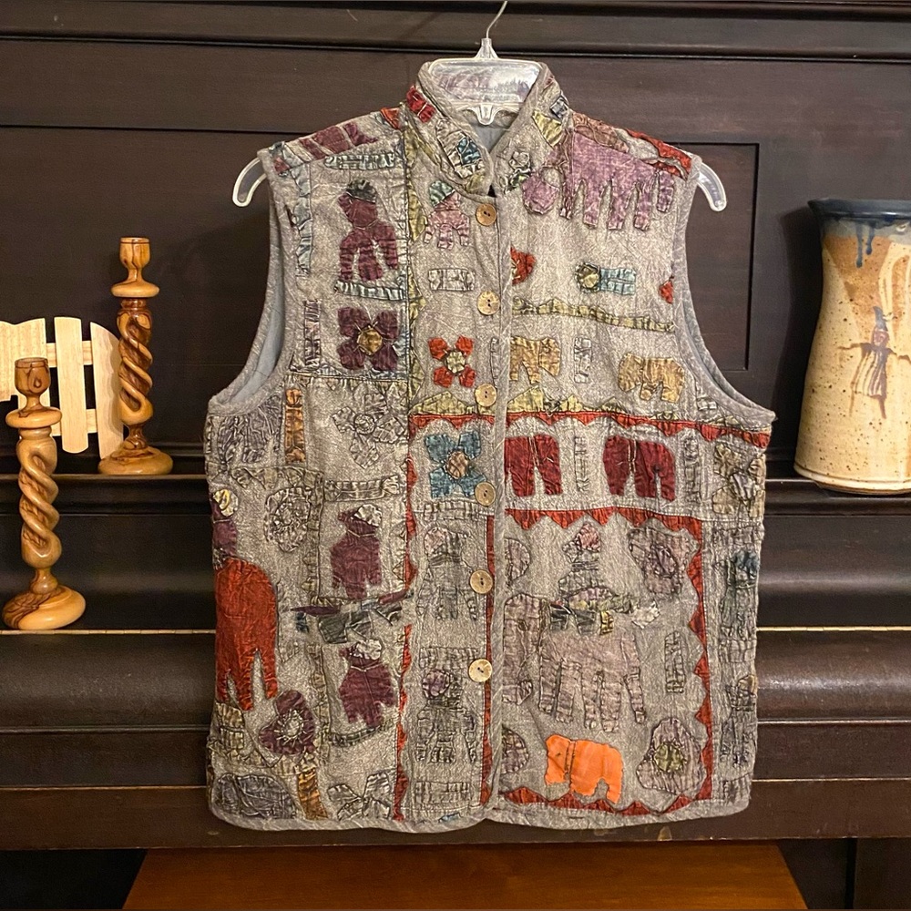 Sacred Threads Boho Quilted Vest w Hand Sewn Elephant Patches